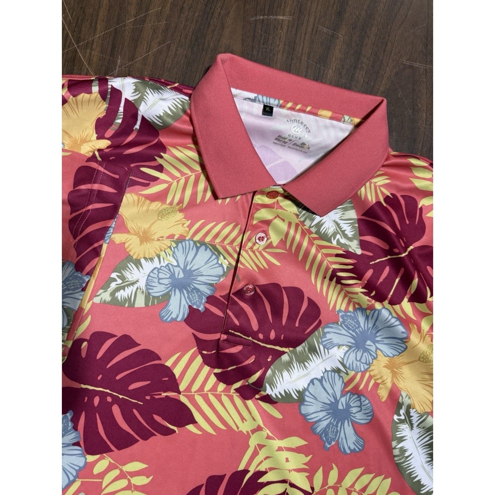 Monterey Club Dry Swing Golf Polo Shirt Men's XL Pink Tropical Floral Hawaiian